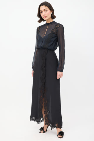 Chloé Black Silk Lace Trim Split Maxi Skirt