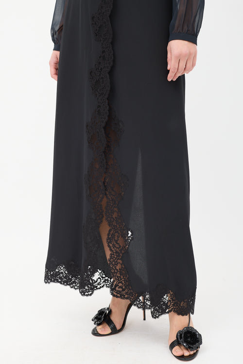 Chloé Black Silk Lace Trim Split Maxi Skirt