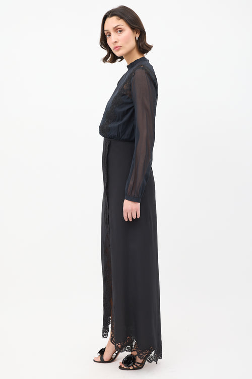 Chloé Black Silk Lace Trim Split Maxi Skirt