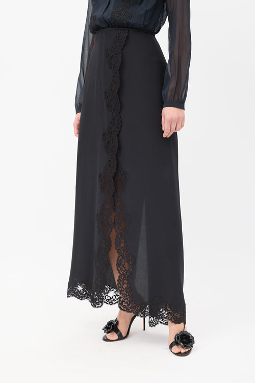 Chloé Black Silk Lace Trim Split Maxi Skirt