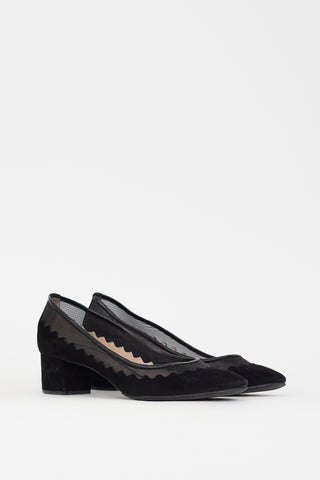 Chloé Black Suede & Mesh Scalloped Pump