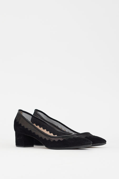 Chloé Black Suede & Mesh Scalloped Pump