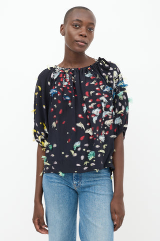 Chloé Black & Multicolour Silk Fringe Polka Dot Top