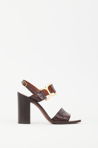 Chloé Brown Embossed Leather & Gold Buckle Sandal