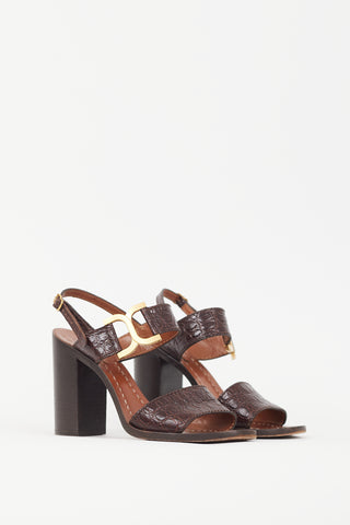 Chloé Brown Embossed Leather & Gold Buckle Sandal