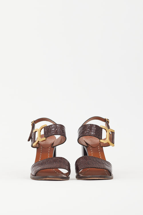 Chloé Brown Embossed Leather & Gold Buckle Sandal