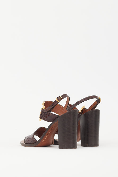 Chloé Brown Embossed Leather & Gold Buckle Sandal
