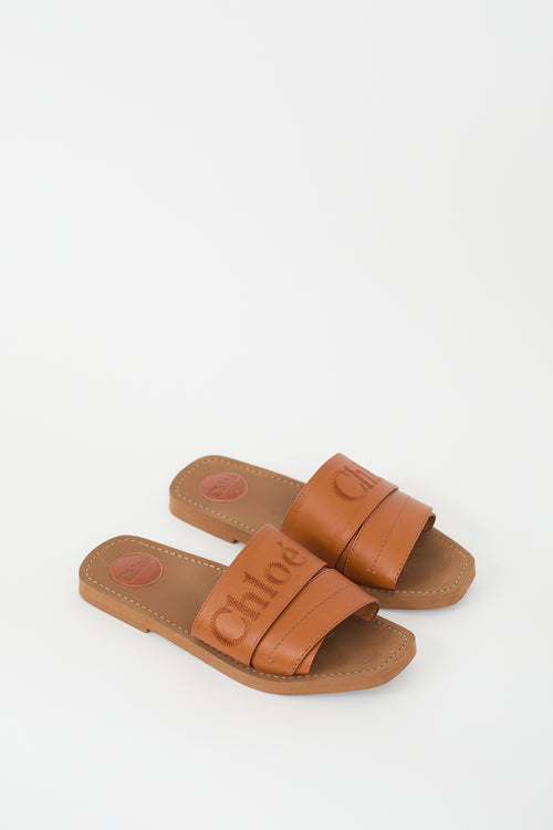 Chloé Brown Leather Woody Logo Slide