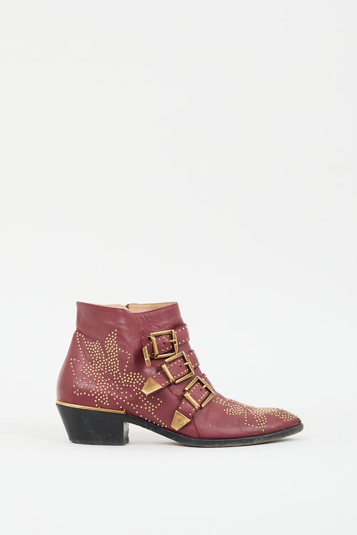 Chloé Burgundy Leather Susanna Studded Ankle Boot