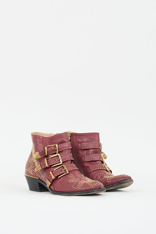 Chloé Burgundy Leather Susanna Studded Ankle Boot