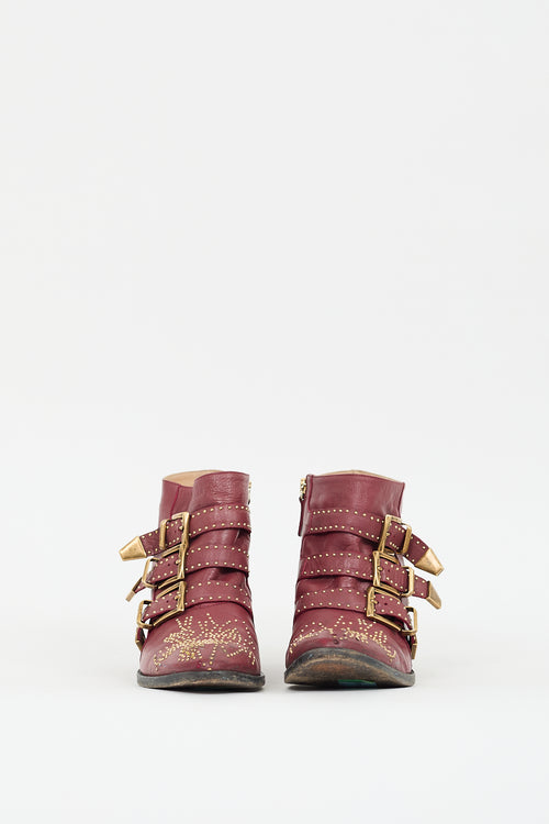 Chloé Burgundy Leather Susanna Studded Ankle Boot