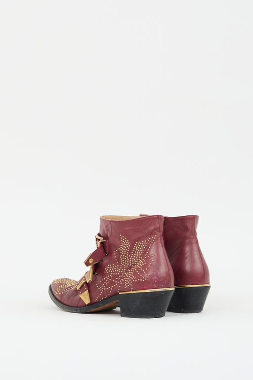 Chloé Burgundy Leather Susanna Studded Ankle Boot