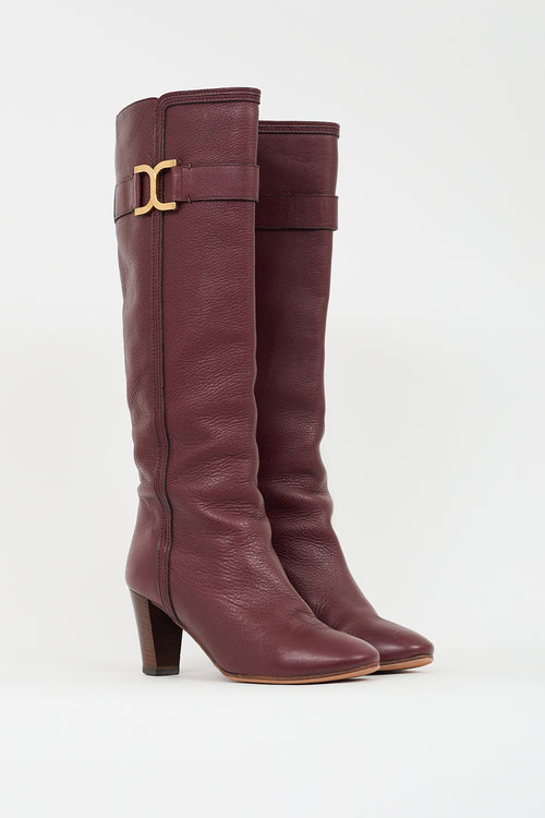 Chloé Burgundy Pebbled Leather Knee High Boot