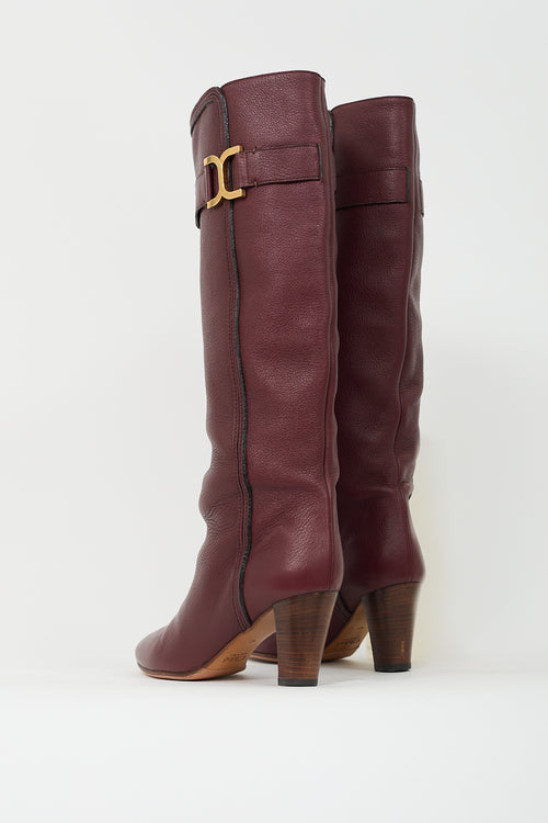 Chloé Burgundy Pebbled Leather Knee High Boot