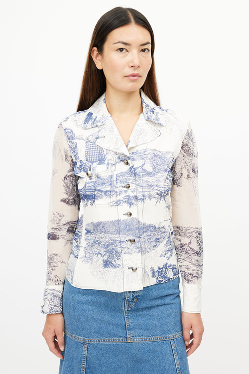 Chloé Cream & Navy Silk Toile De Jouy Print Shirt