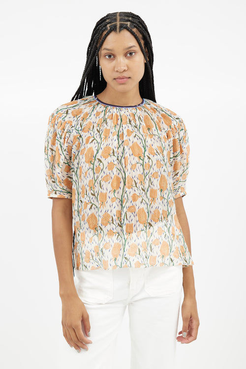 Chloé Cream & Orange Floral Sheer Blouse