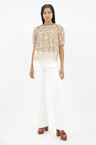Chloé Cream & Orange Floral Sheer Blouse