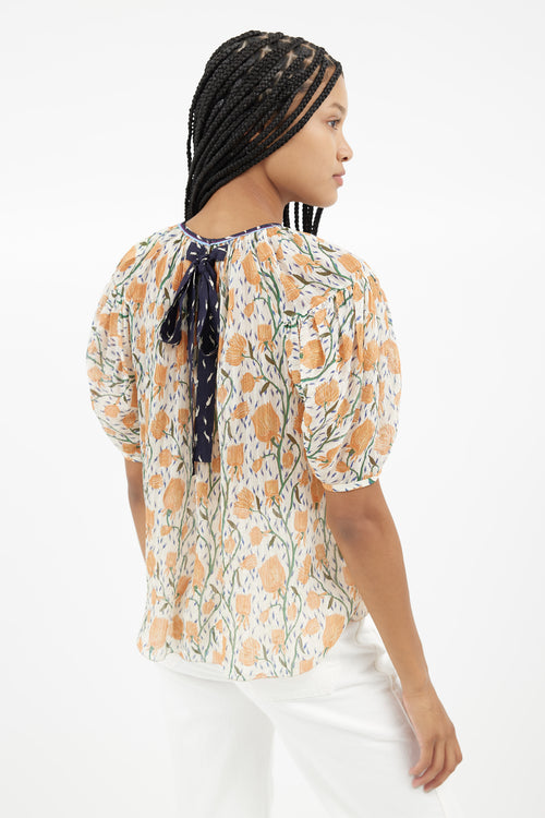 Chloé Cream & Orange Floral Sheer Blouse