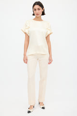Chloé Cream Silk Pleated Ruffle Sleeve Top
