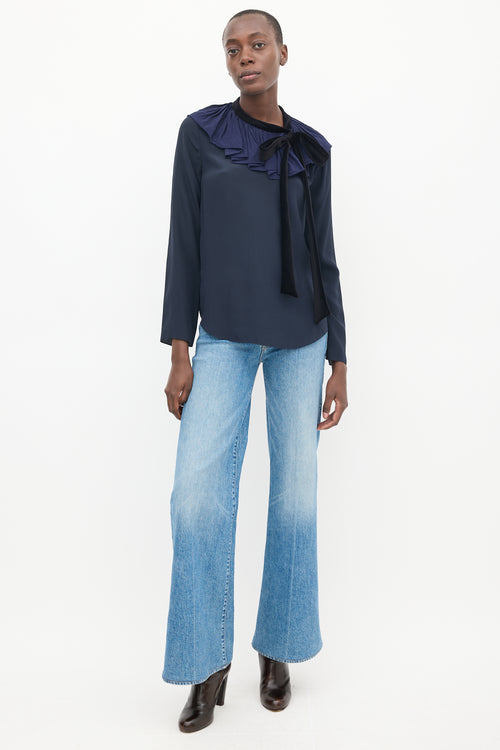 Chloé Navy & Black Silk Ruffled Top