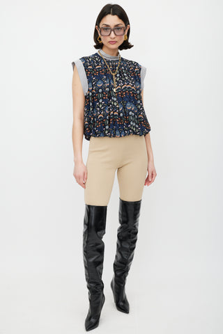 Chloé Navy & Multicolour Floral Pleated Top