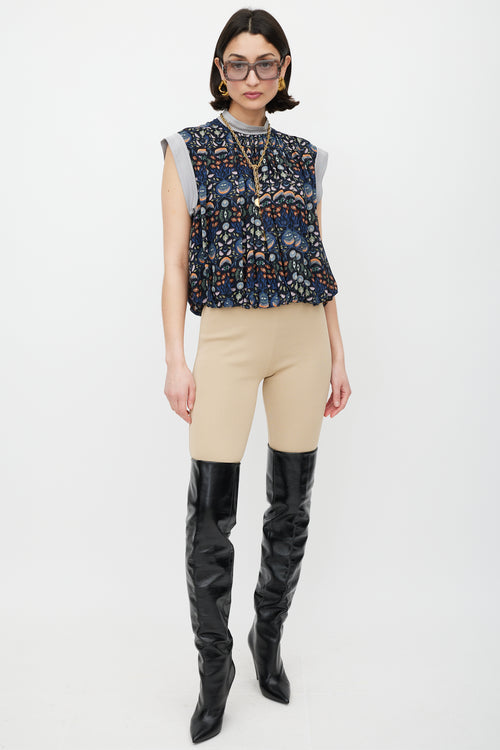 Chloé Navy & Multicolour Floral Pleated Top