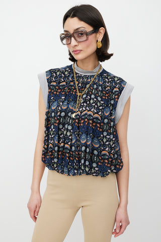 Chloé Navy & Multicolour Floral Pleated Top
