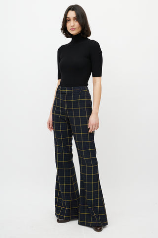Chloé Navy & Yellow Plaid Flare Trouser