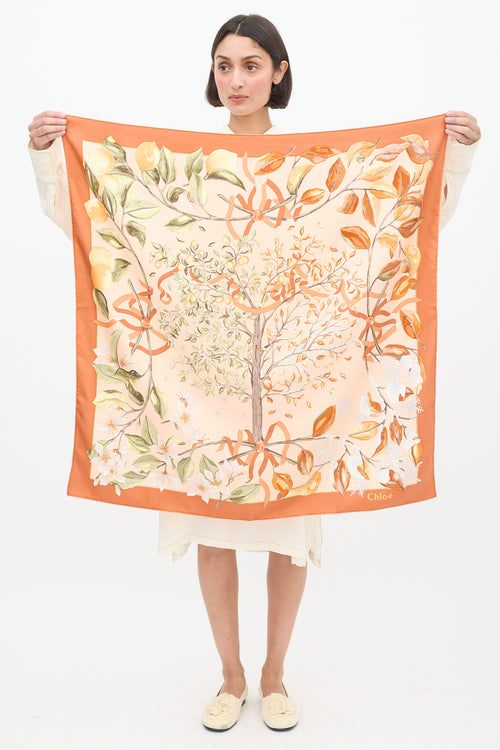 Chloé Orange & Multicolour Silk Floral Scarf