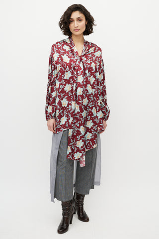 Chloé Red & Blue Floral Silk Tie Shirt
