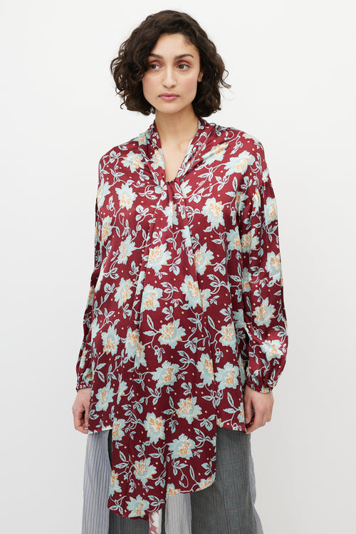 Chloé Red & Blue Floral Silk Tie Shirt