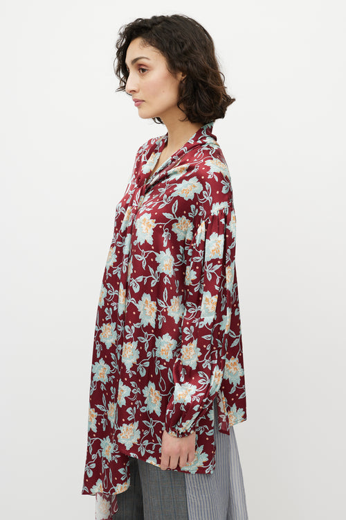 Chloé Red & Blue Floral Silk Tie Shirt