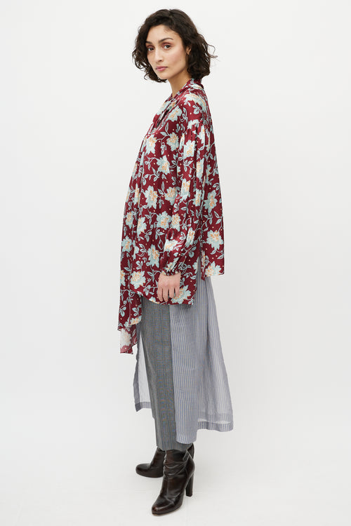 Chloé Red & Blue Floral Silk Tie Shirt