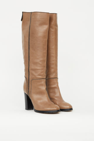 Chloé Taupe Leather Contrast Stitch Knee High Boot
