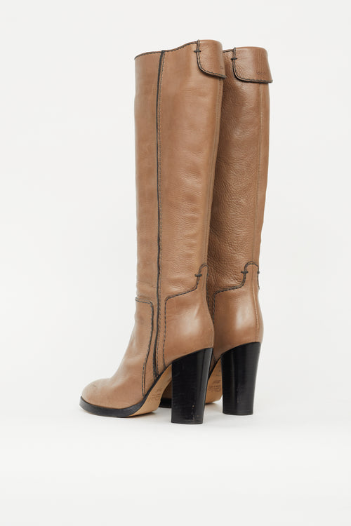 Chloé Taupe Leather Contrast Stitch Knee High Boot