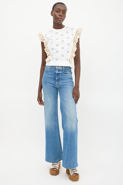 Chloé White & Beige Eyelet Cotton Ruffled Top