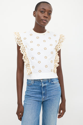 Chloé White & Beige Eyelet Cotton Ruffled Top