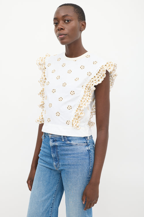 Chloé White & Beige Eyelet Cotton Ruffled Top