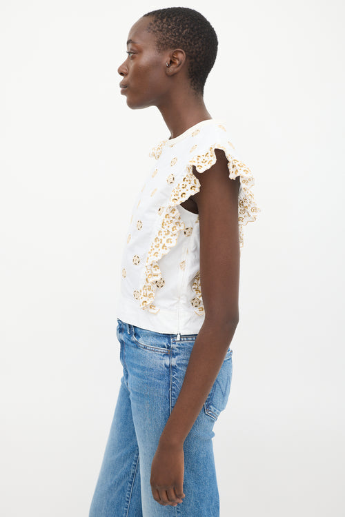 Chloé White & Beige Eyelet Cotton Ruffled Top