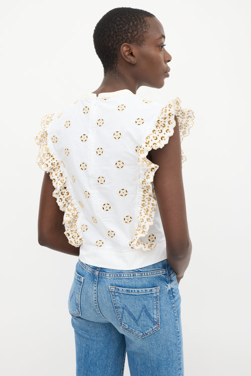 Chloé White & Beige Eyelet Cotton Ruffled Top