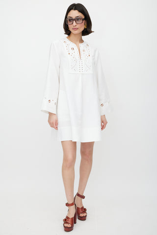 Chloé White Linen Floral Eyelt Dress