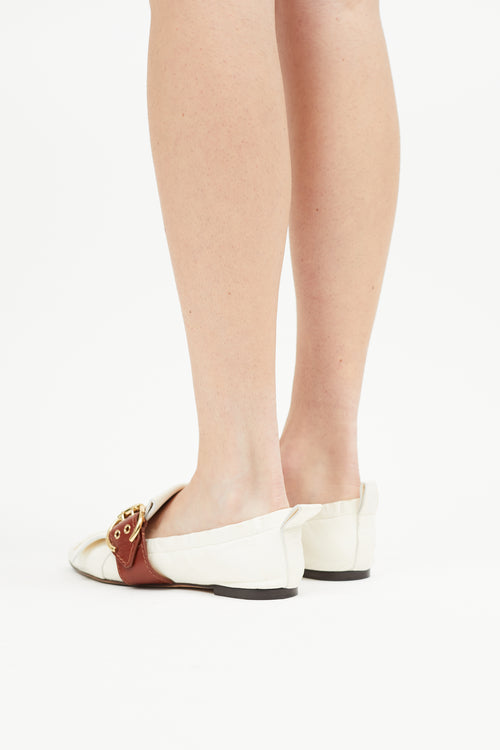 Chloé White & Brown Leather Buckle Ballet Flat