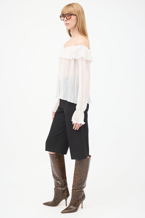 Chloé White Sheer Plissé Off Shoulder Flounce Top