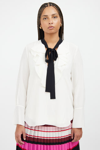 White & Black Ruffle Tie Blouse