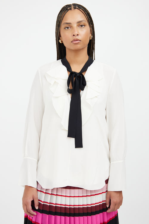 White & Black Ruffle Tie Blouse