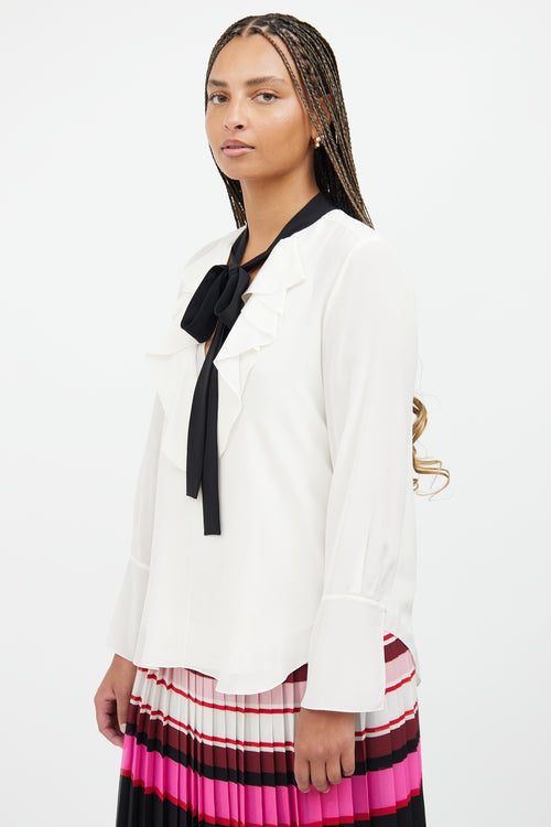 White & Black Ruffle Tie Blouse