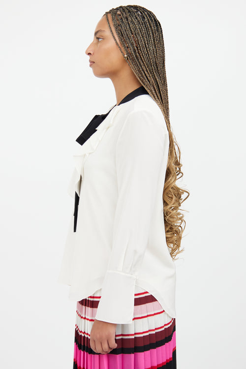 White & Black Ruffle Tie Blouse