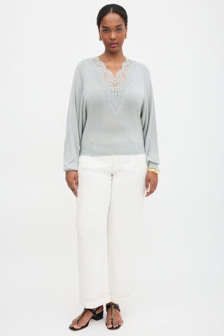 Chloé Wool Lace Trimmed V-Neck Sweater