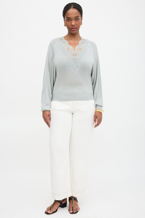 Chloé Wool Lace Trimmed V-Neck Sweater