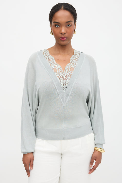 Chloé Wool Lace Trimmed V-Neck Sweater